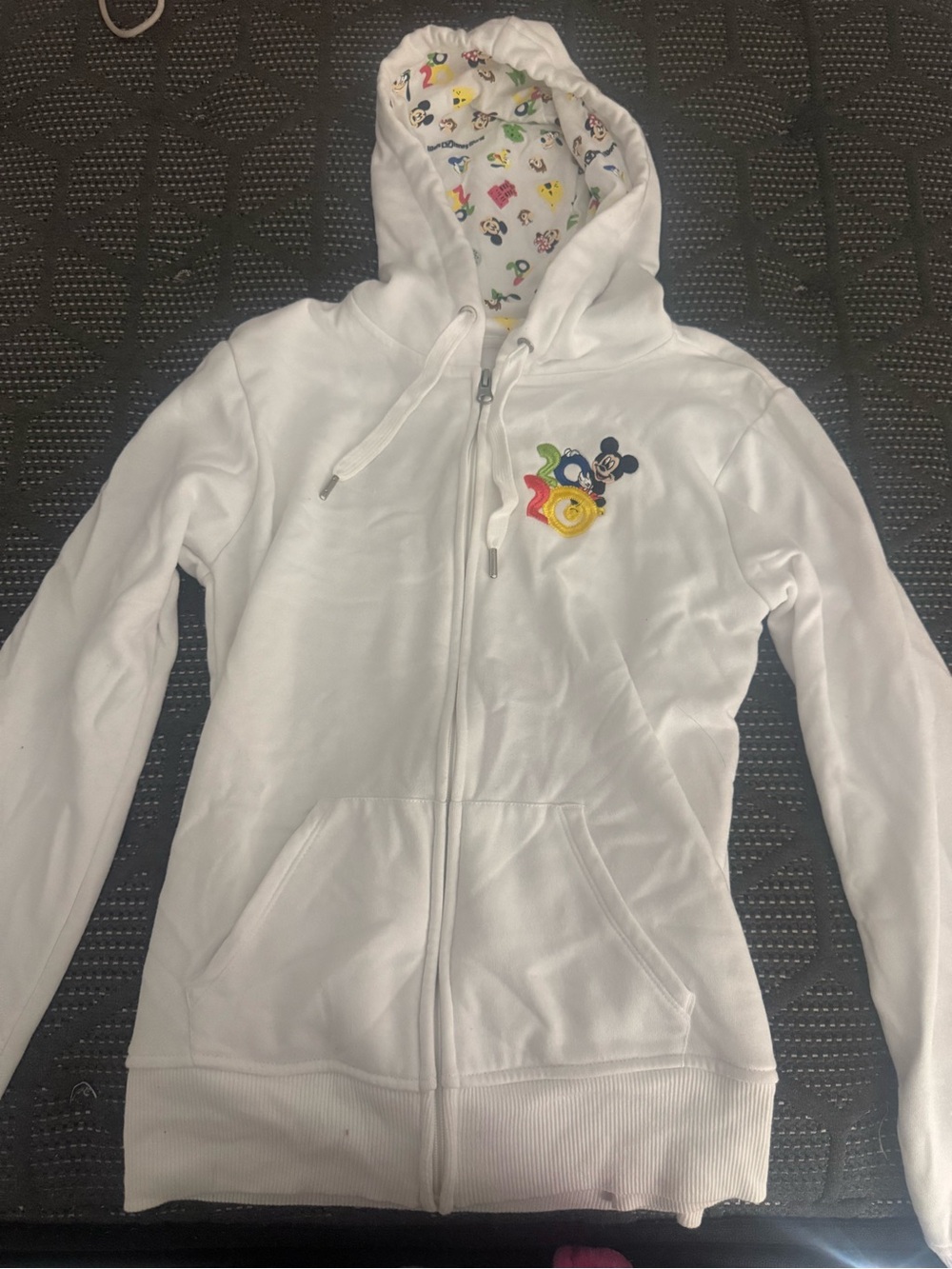 Disney Universal 2020 White Womens Zip-Up Hoodie with Colorful Character Patch